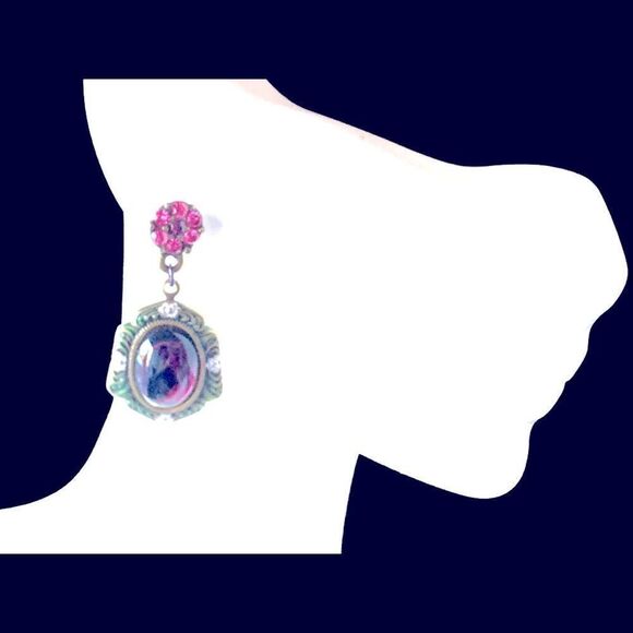 Vtg Banana Bob component earrings purple glass cab pink crystal dangle pierced - Picture 1 of 4